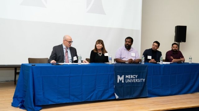 Brian Amkraut, vice president of Workforce Credentialing and Community Impact at Mercy University; Kathy D'Agostino, AI trainer & consultant, executive coach, training facilitator at Win at Business Coaching; Jason Long, technical director, Innovation Lab Human Rights First; César Ventura Tapia, program manager at Fund for the City of New York; and Aniket Kesari, associate professor at Fordham Law School